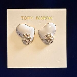Tory Burch White Enamel Heart Logo Stud Earrings with Gold Accent